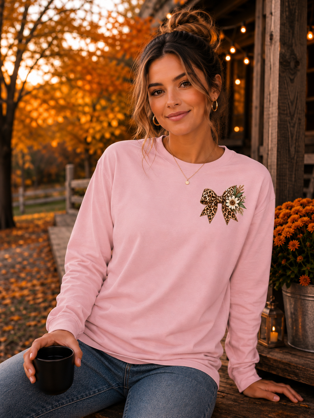 Whiskey & Wildflower Co. apparel collection featuring a leopard bow crewneck sweatshirt