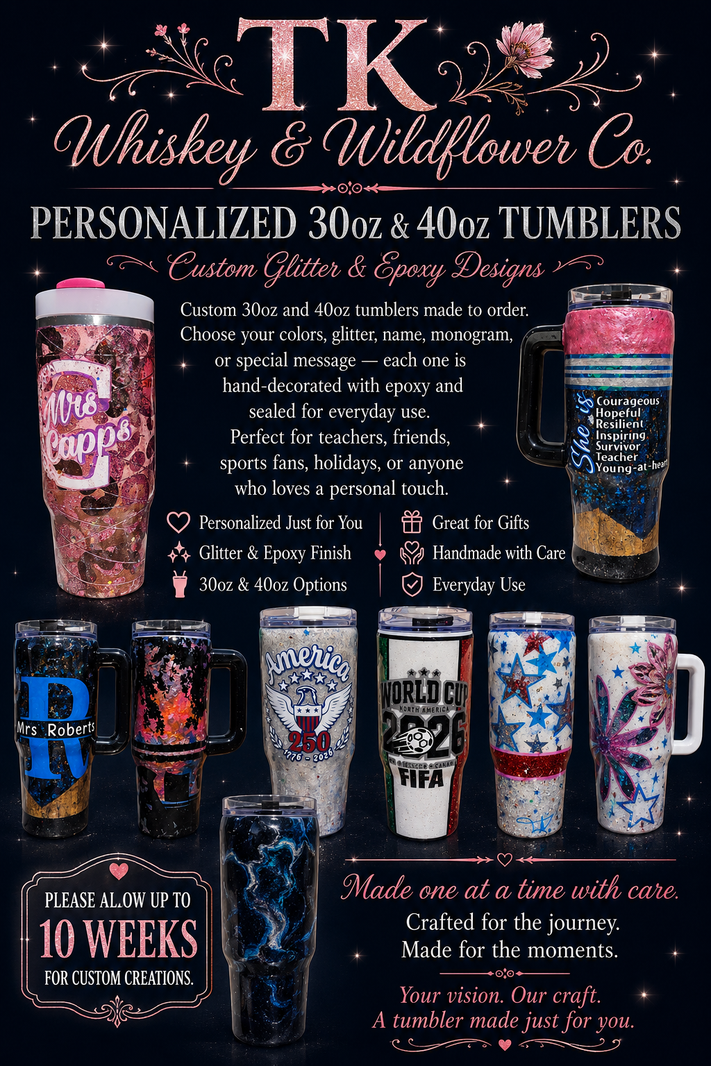 TK Whiskey & Wildflower Co. personalized tumblers