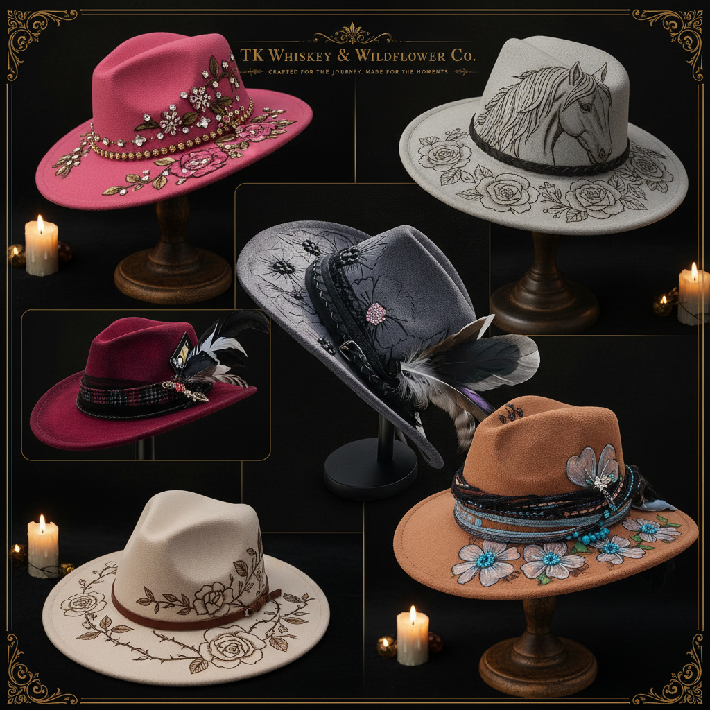 TK Whiskey & Wildflower Co. Soft Ivory Fedora hand-burned wild roses