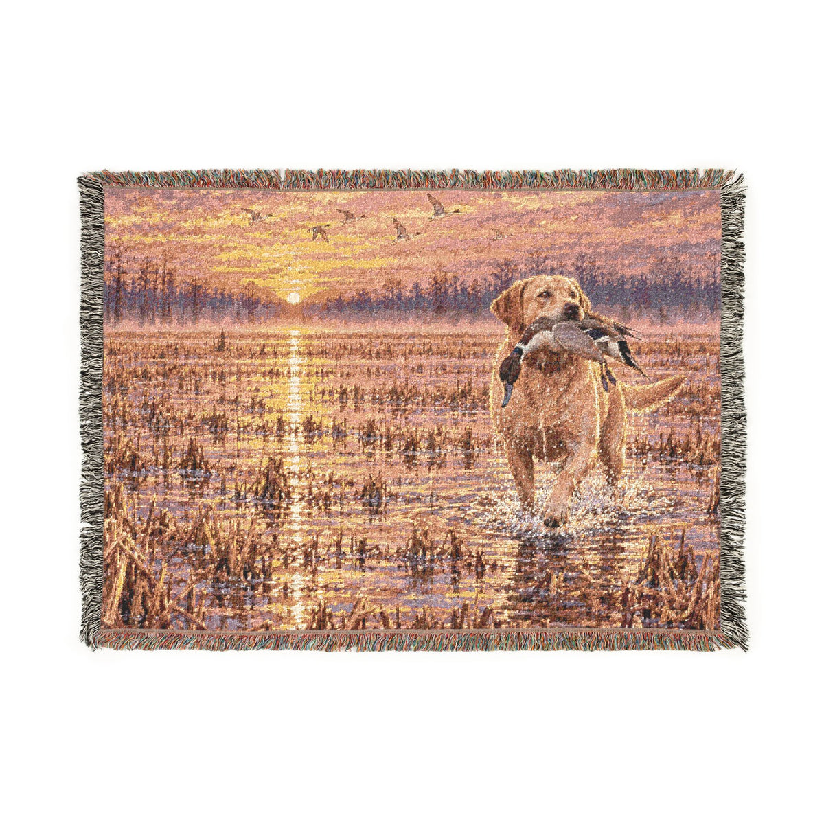Duck Marsh Woven Blanket — Scenic Woodland Duck Hunting Throw with Lab