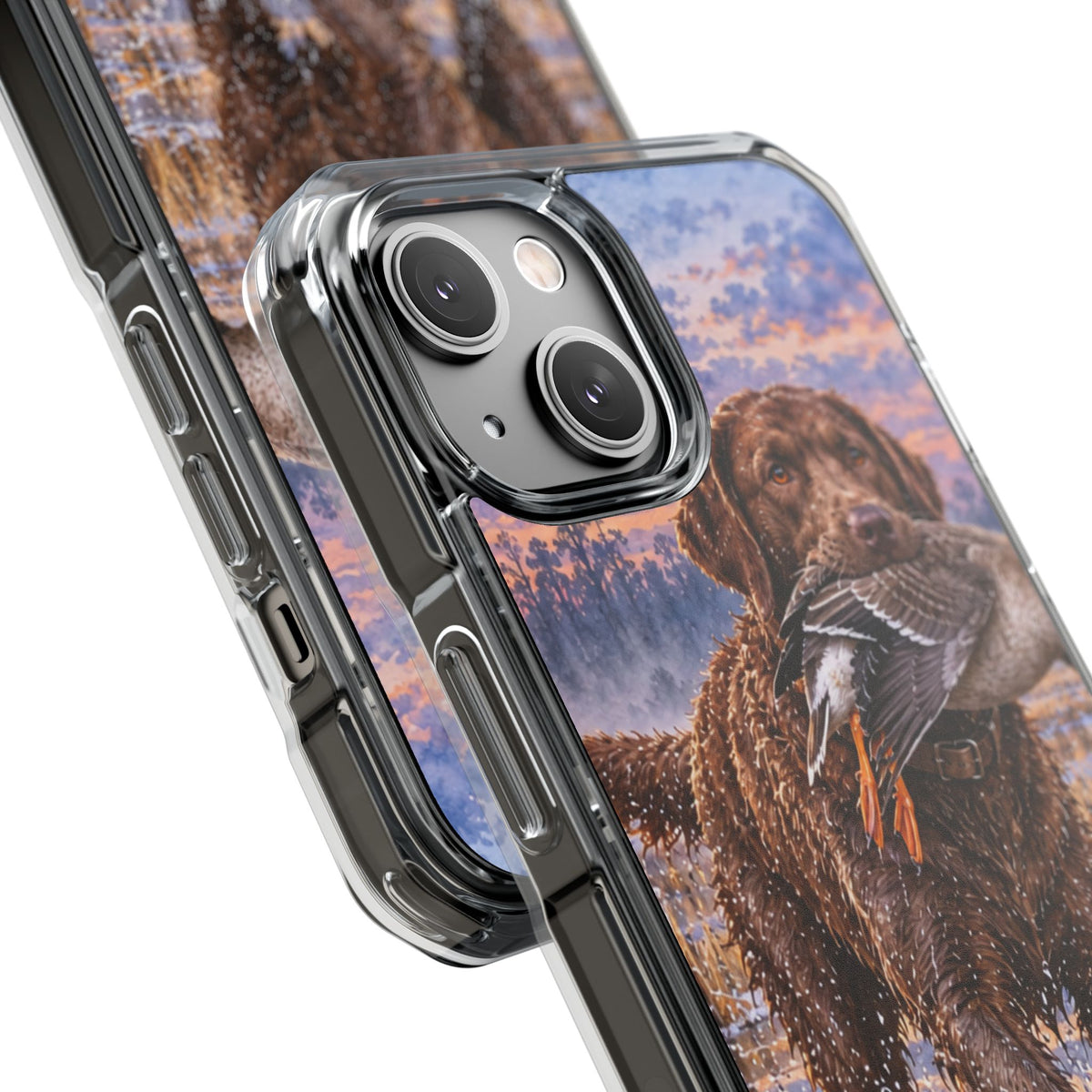 Clear Magnetic Phone Case — Chocolate Lab with Duck in swamp