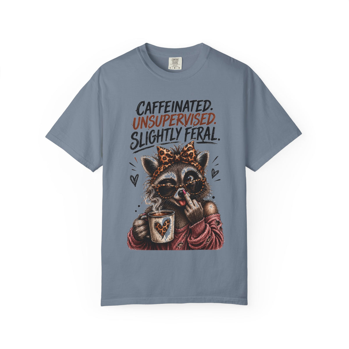 Caffeinated Slightly Feral Raccoon T-Shirt | Funny Coffee Graphic Tee