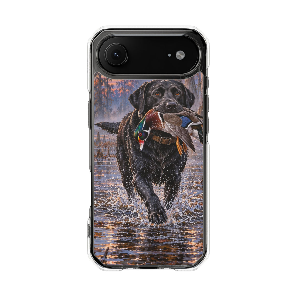 Clear Magnetic Phone Case — Black Lab with Duck swamp