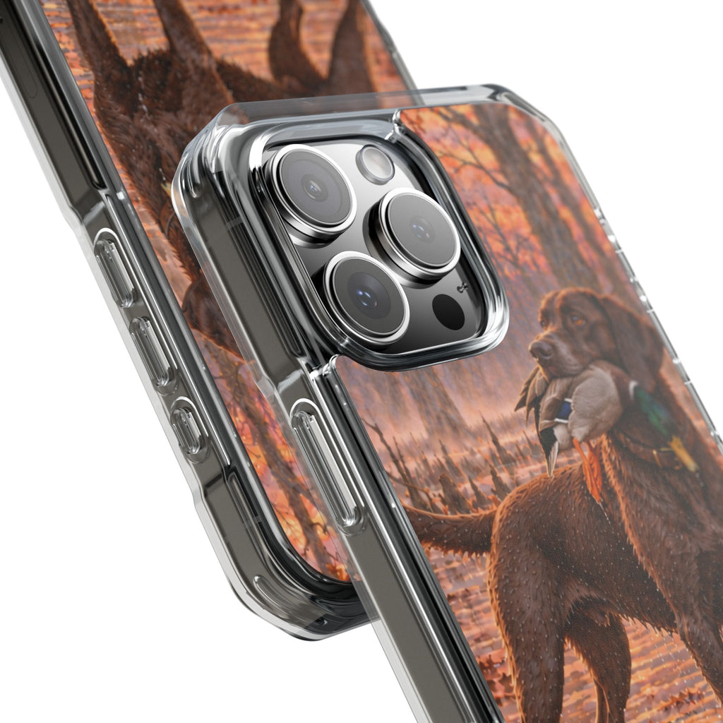 Clear Magnetic Phone Case — Chocolate Lab with Duck swamp