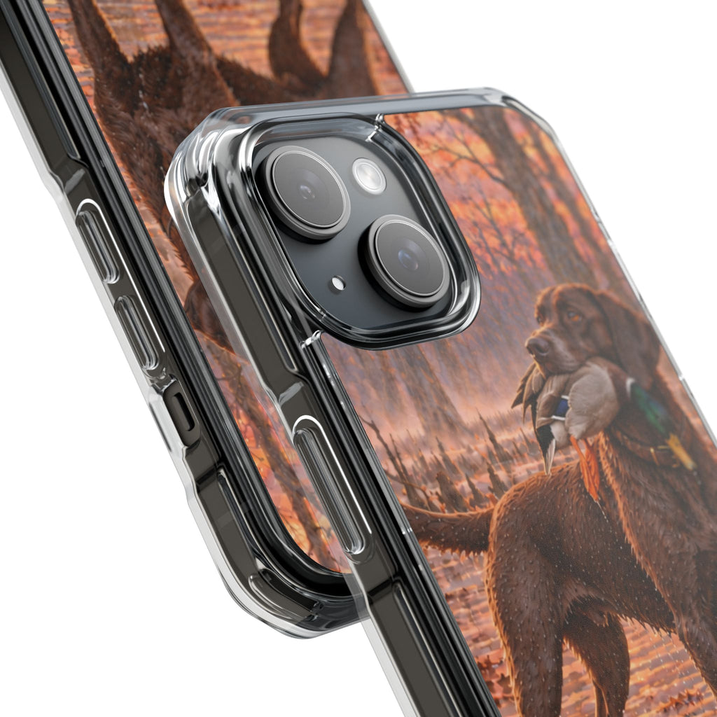 Clear Magnetic Phone Case — Chocolate Lab with Duck swamp