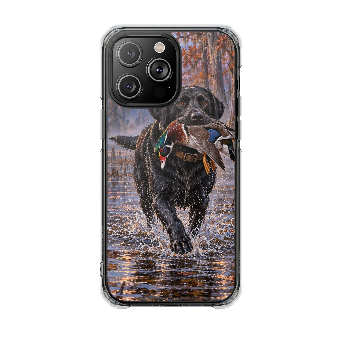 Clear Magnetic Phone Case — Black Lab with Duck swamp