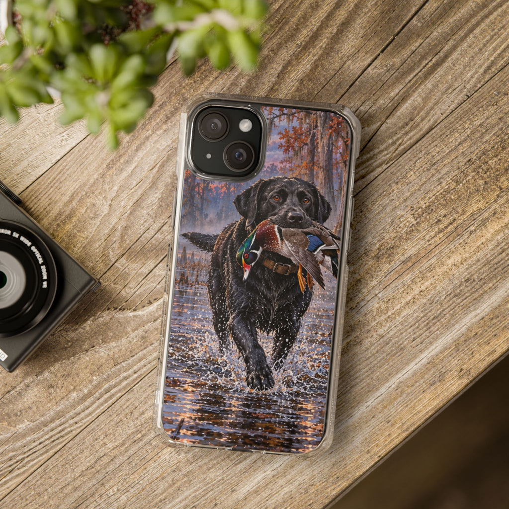 Clear Magnetic Phone Case — Black Lab with Duck swamp