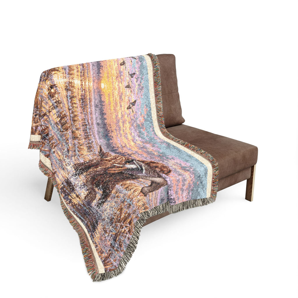 River Scenic Woven Blanket — Rustic Lake Bird Dog Pointer Landscape Throw