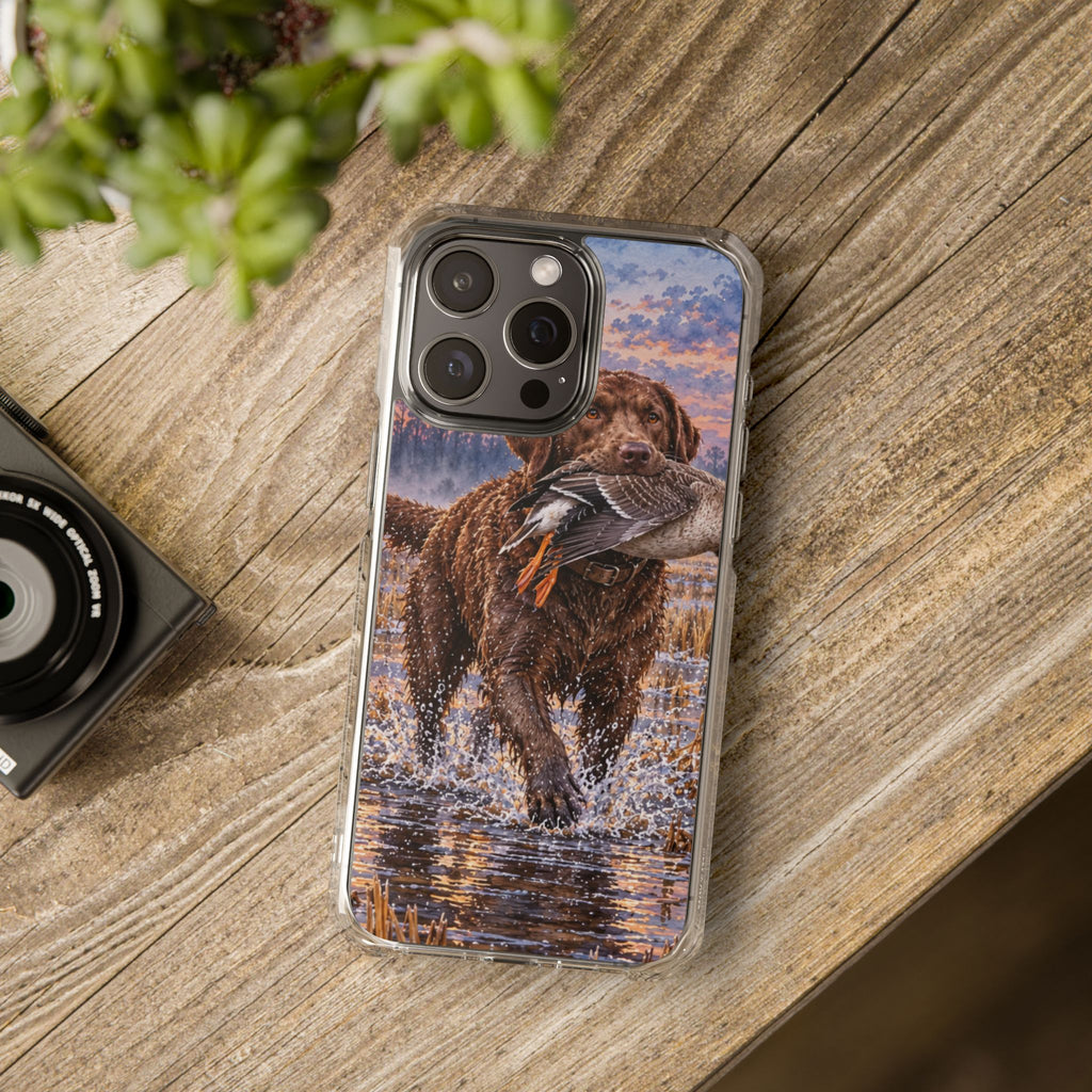 Clear Magnetic Phone Case — Chocolate Lab with Duck in swamp