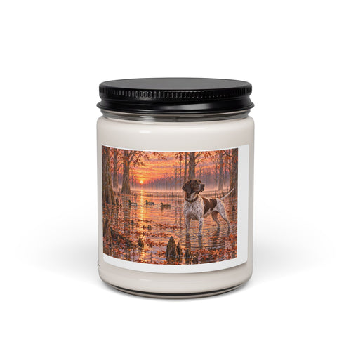 Autumn Duck Hunt Soy Candle — 9oz Scented Jar with Pointer Dog Lakeside Scene