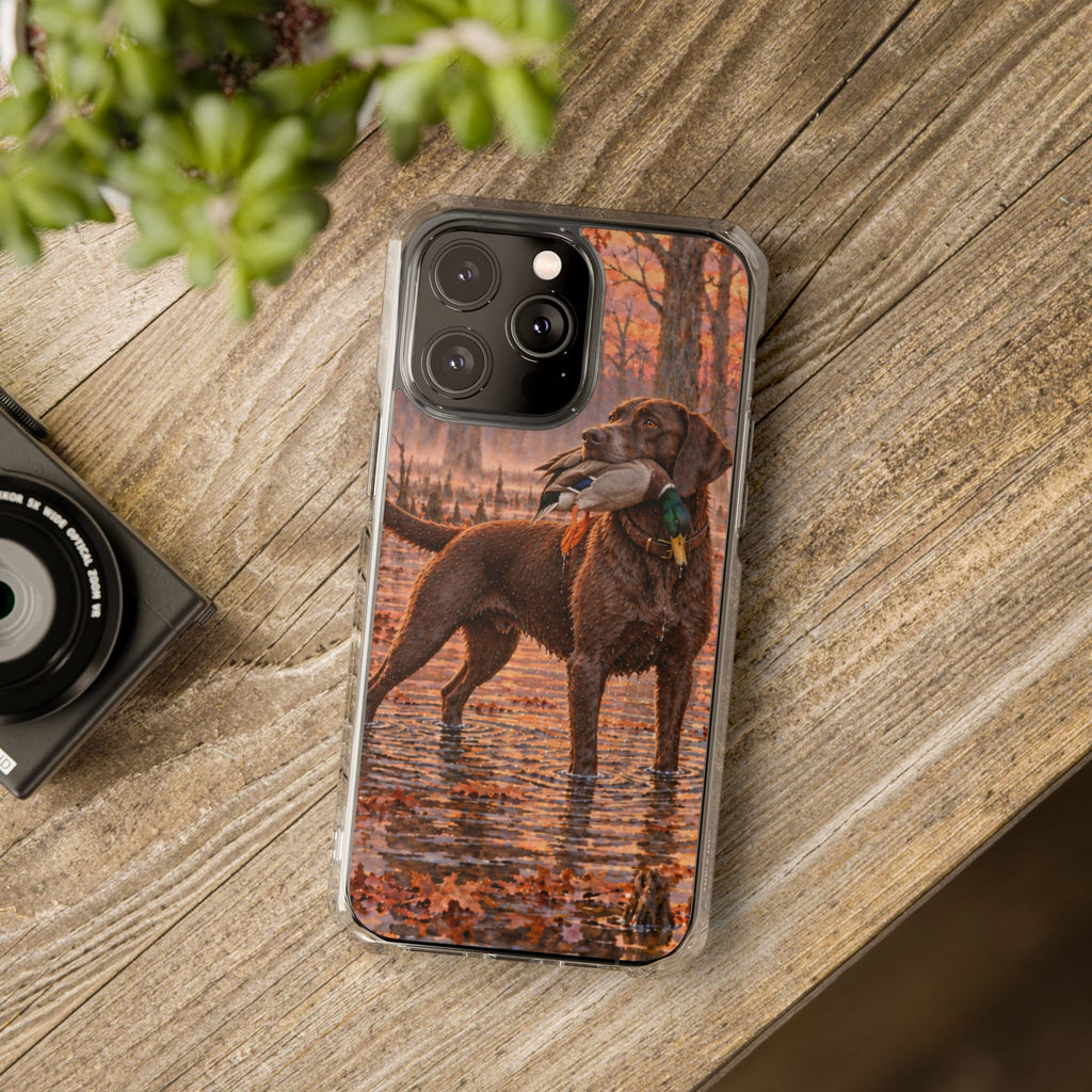 Clear Magnetic Phone Case — Chocolate Lab with Duck swamp