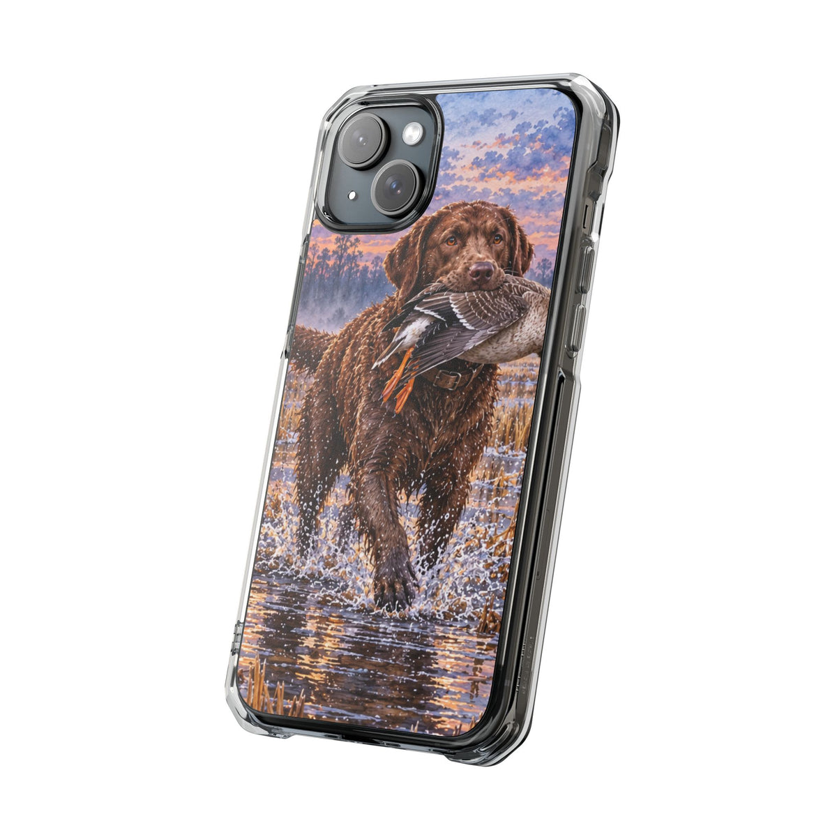 Clear Magnetic Phone Case — Chocolate Lab with Duck in swamp