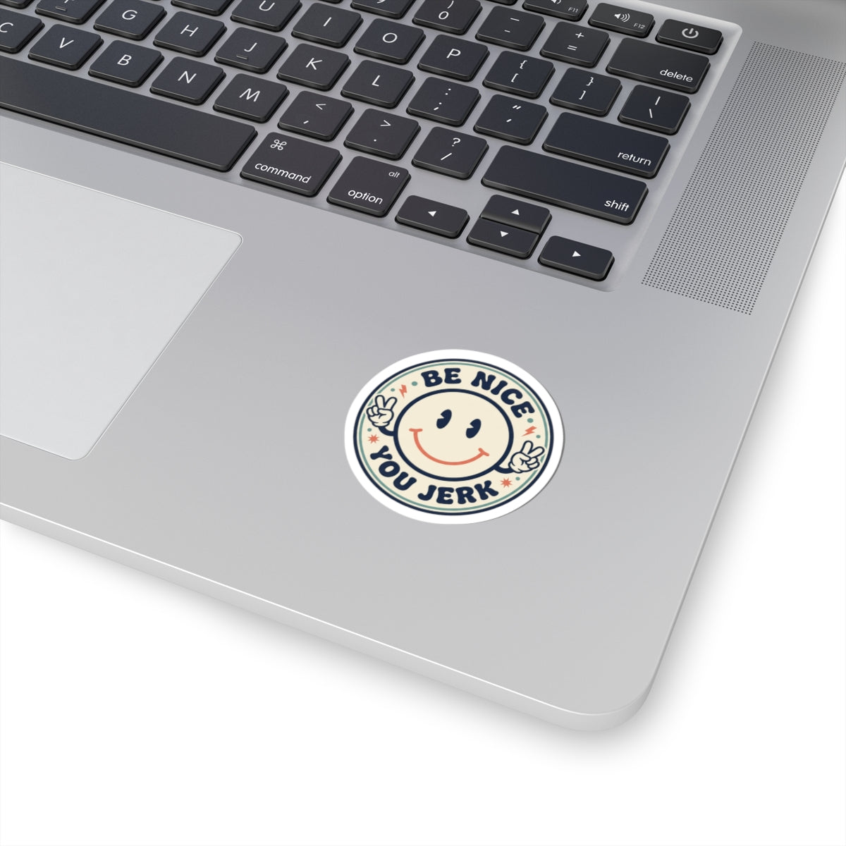Be Nice You Jerk smiley sticker | Kiss-cut vinyl, retro peace sign