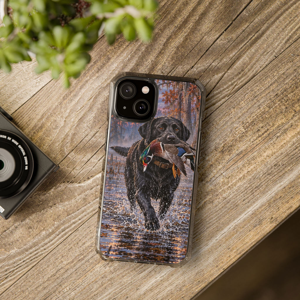 Clear Magnetic Phone Case — Black Lab with Duck swamp