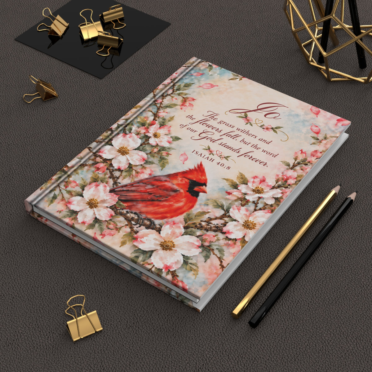Personalized Cardinal Prayer Journal, Dogwood Floral Christian Notebook, Isaiah 40:8 Bible Verse Gift for Her, Custom Name Journal