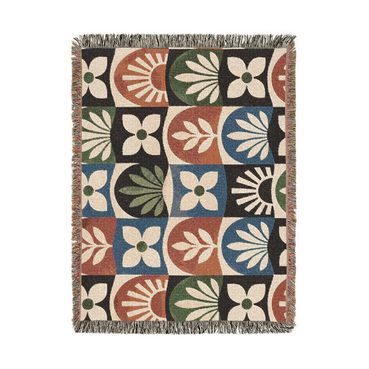 Boho Geometric Woven Blanket — Retro Floral Tile Throw