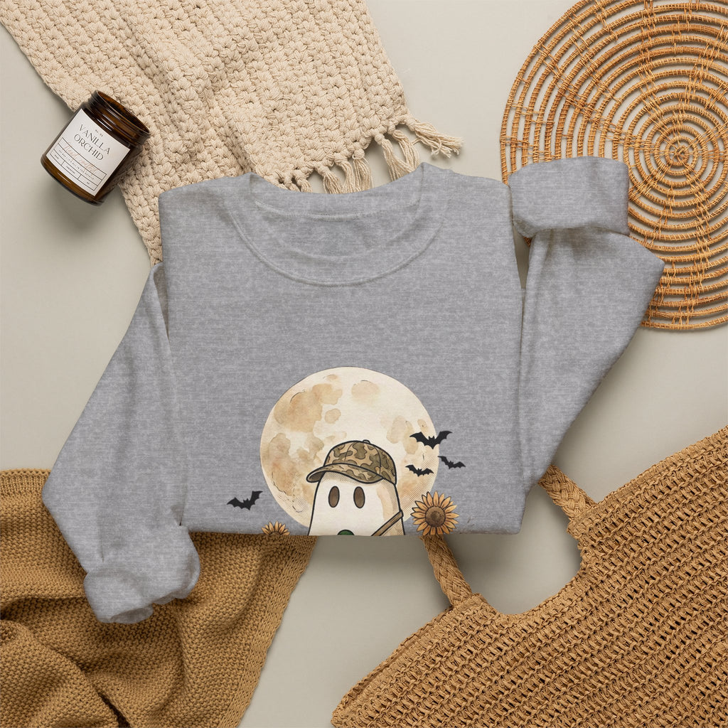Ghost Hunter Illustration Sweatshirt | Spooky Hunting, Autumn Pumpkin Moon