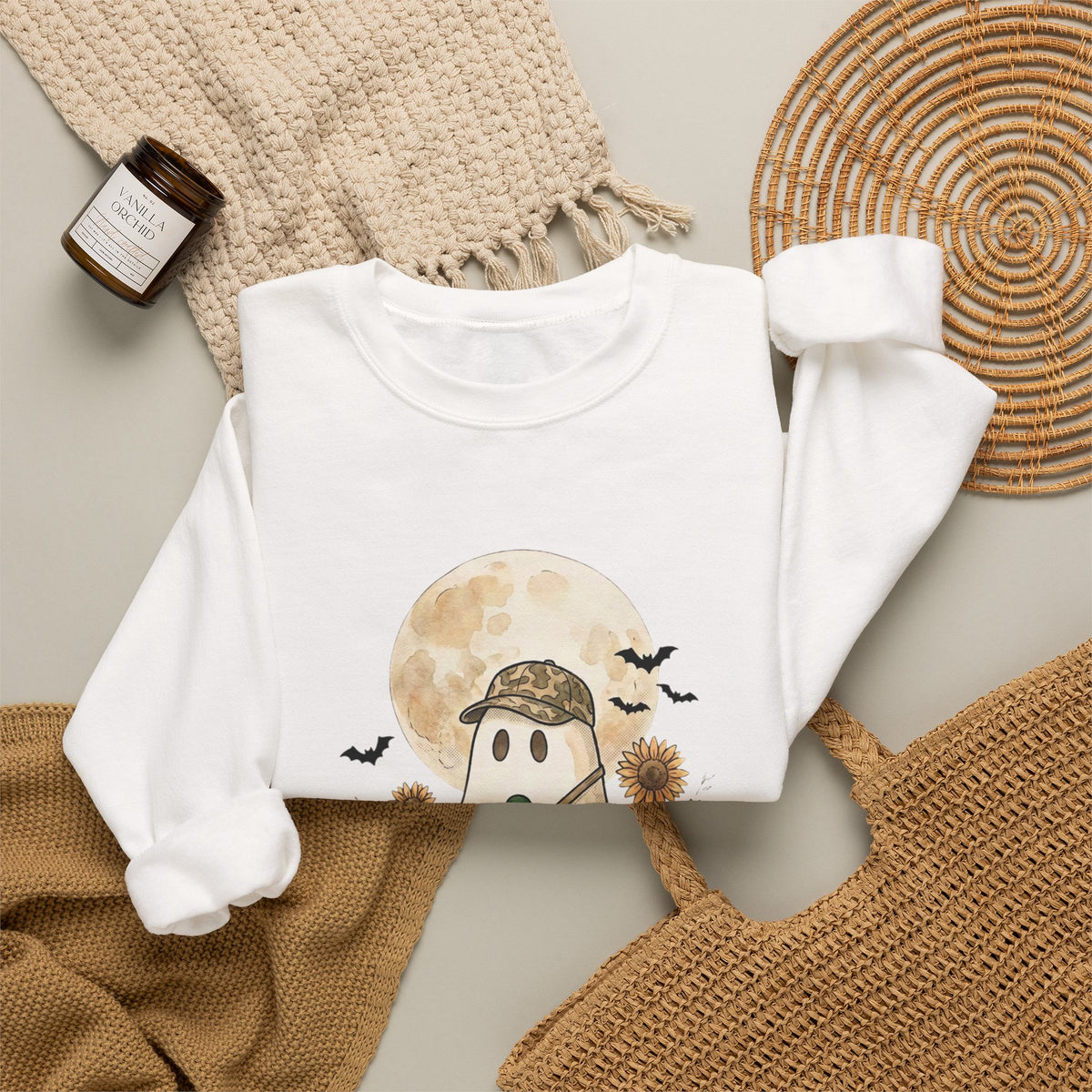 Ghost Hunter Illustration Sweatshirt | Spooky Hunting, Autumn Pumpkin Moon