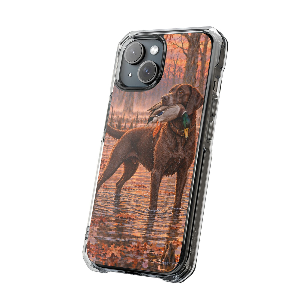 Clear Magnetic Phone Case — Chocolate Lab with Duck swamp