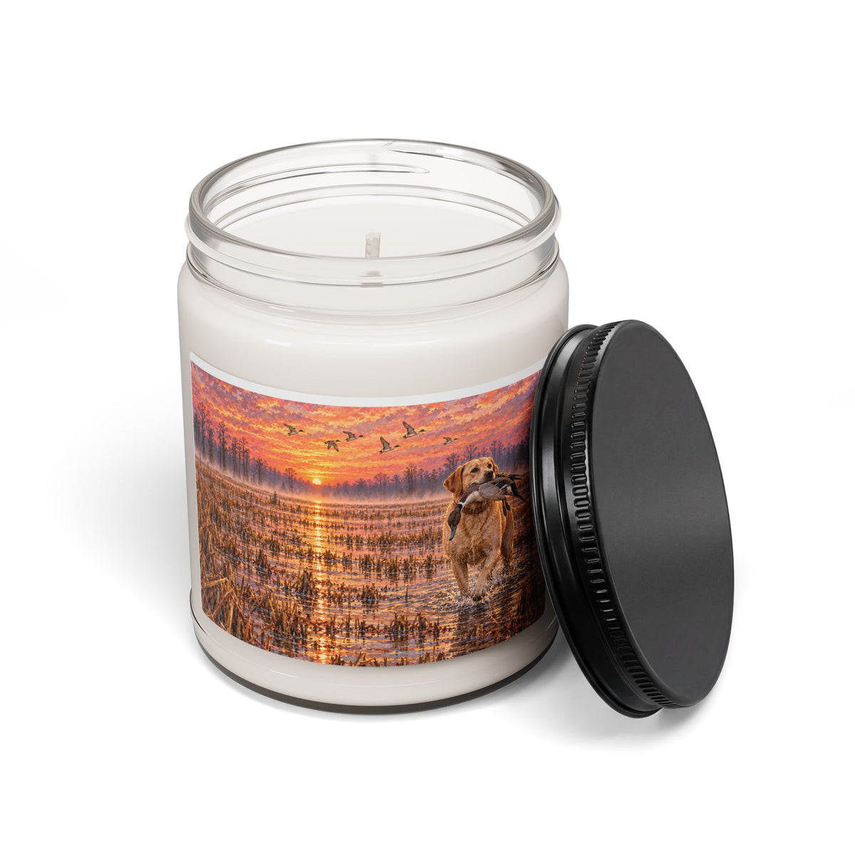 Marshland Retriever Soy Candle — 9oz Scented Jar (Sunset Duck Hunt Scene)