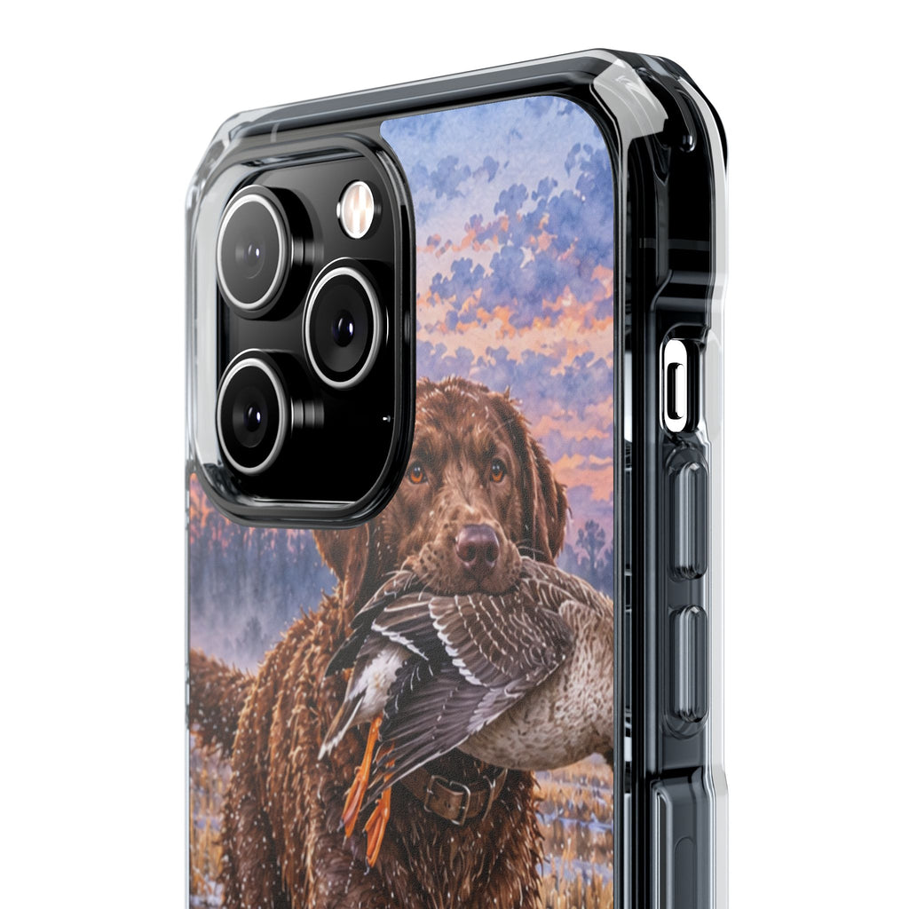 Clear Magnetic Phone Case — Chocolate Lab with Duck in swamp