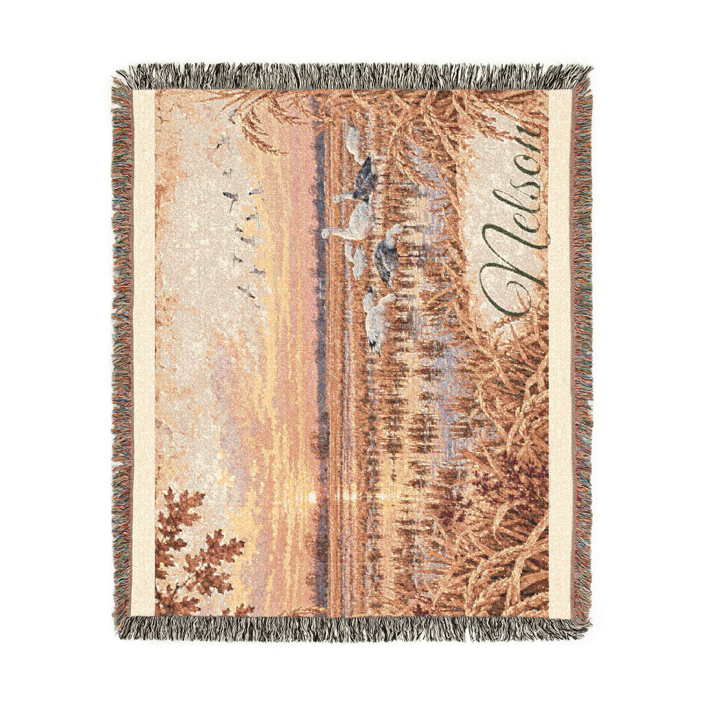 Sunset Marsh Woven Blanket — Rustic Lakeside Tapestry Throw