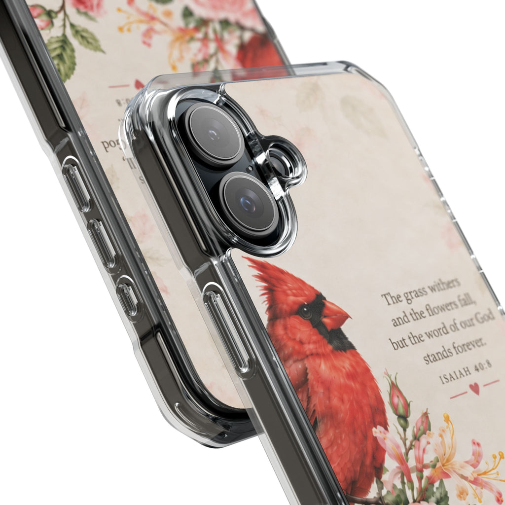 Clear Magnetic Phone Case — Cardinal Scene Isiah 40:8