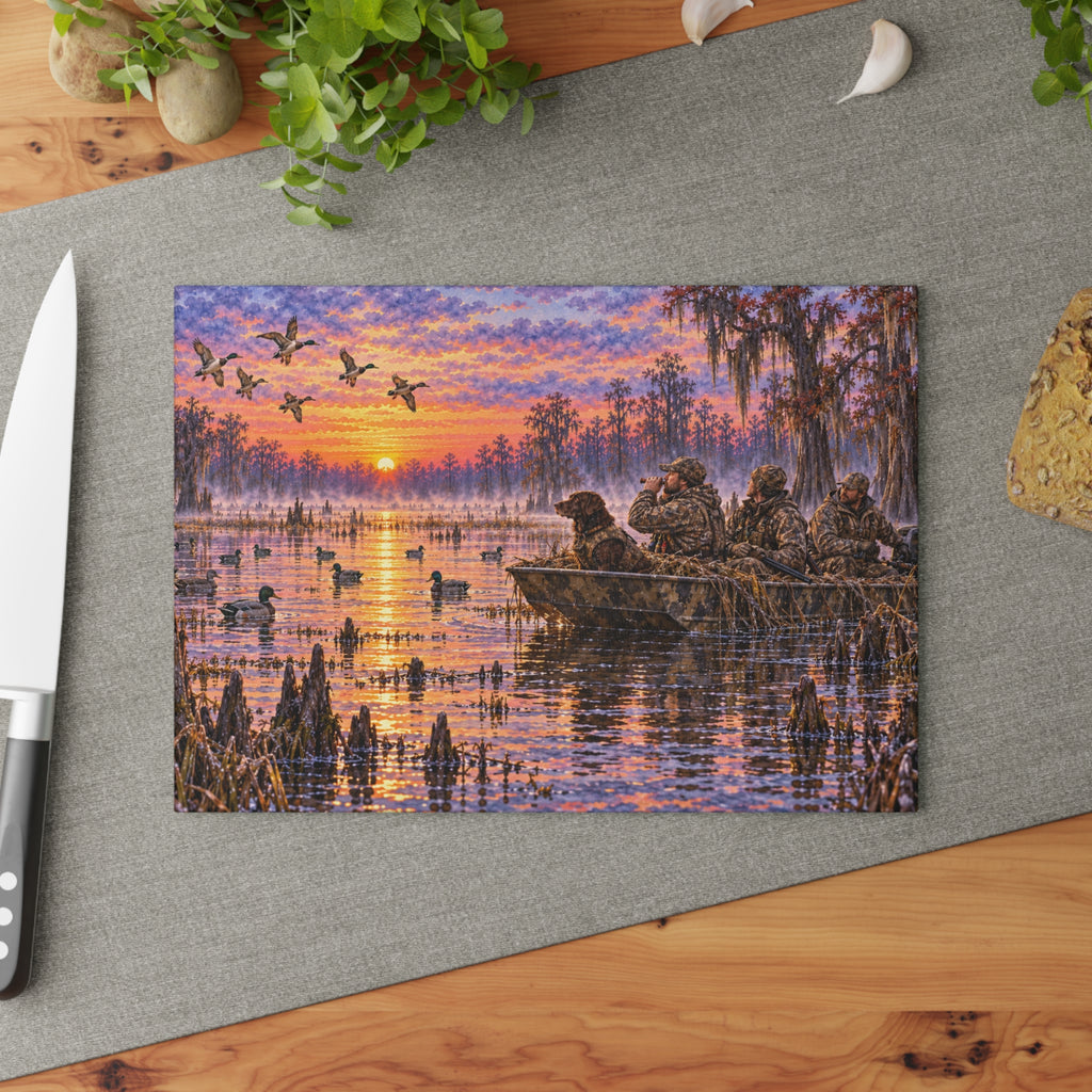 Glass Cutting Board — Sunrise Duck Hunt Scene | Rustic Wildlife Kitchen Decor