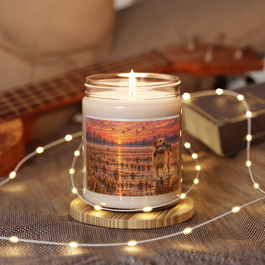 Marshland Retriever Soy Candle — 9oz Scented Jar (Sunset Duck Hunt Scene)