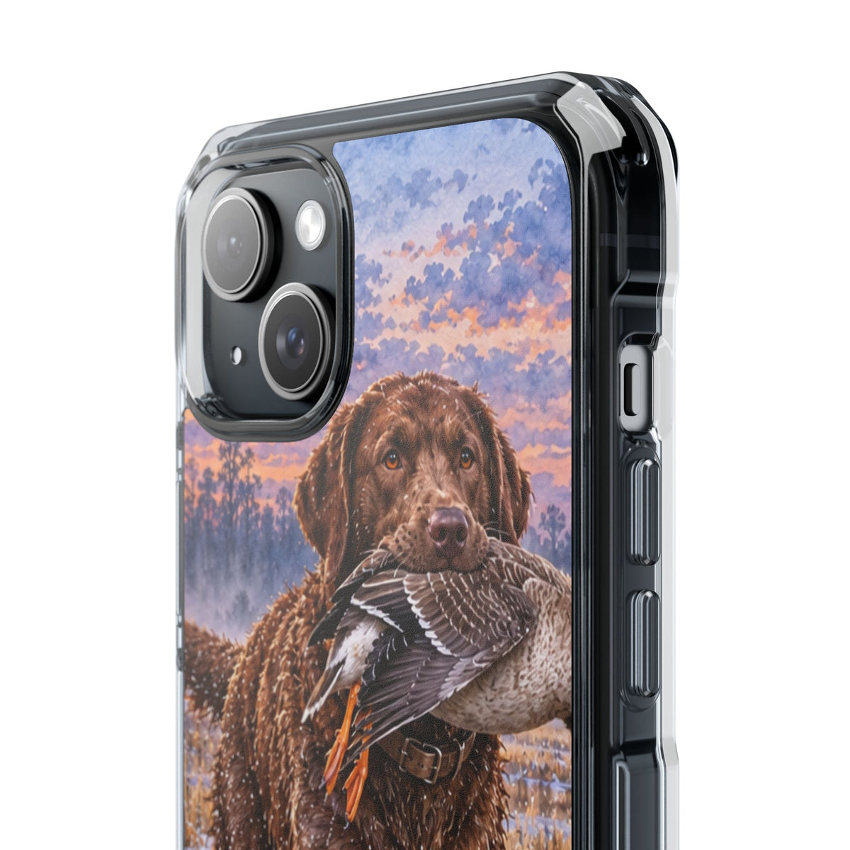 Clear Magnetic Phone Case — Chocolate Lab with Duck in swamp