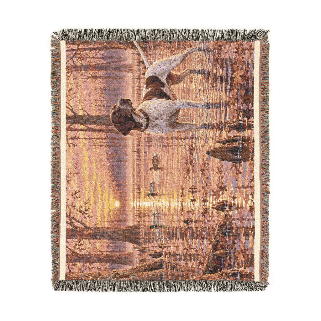 Mohican River Scenic Woven Blanket — Rustic Lake Bird Dog Pointer Landscape Throw