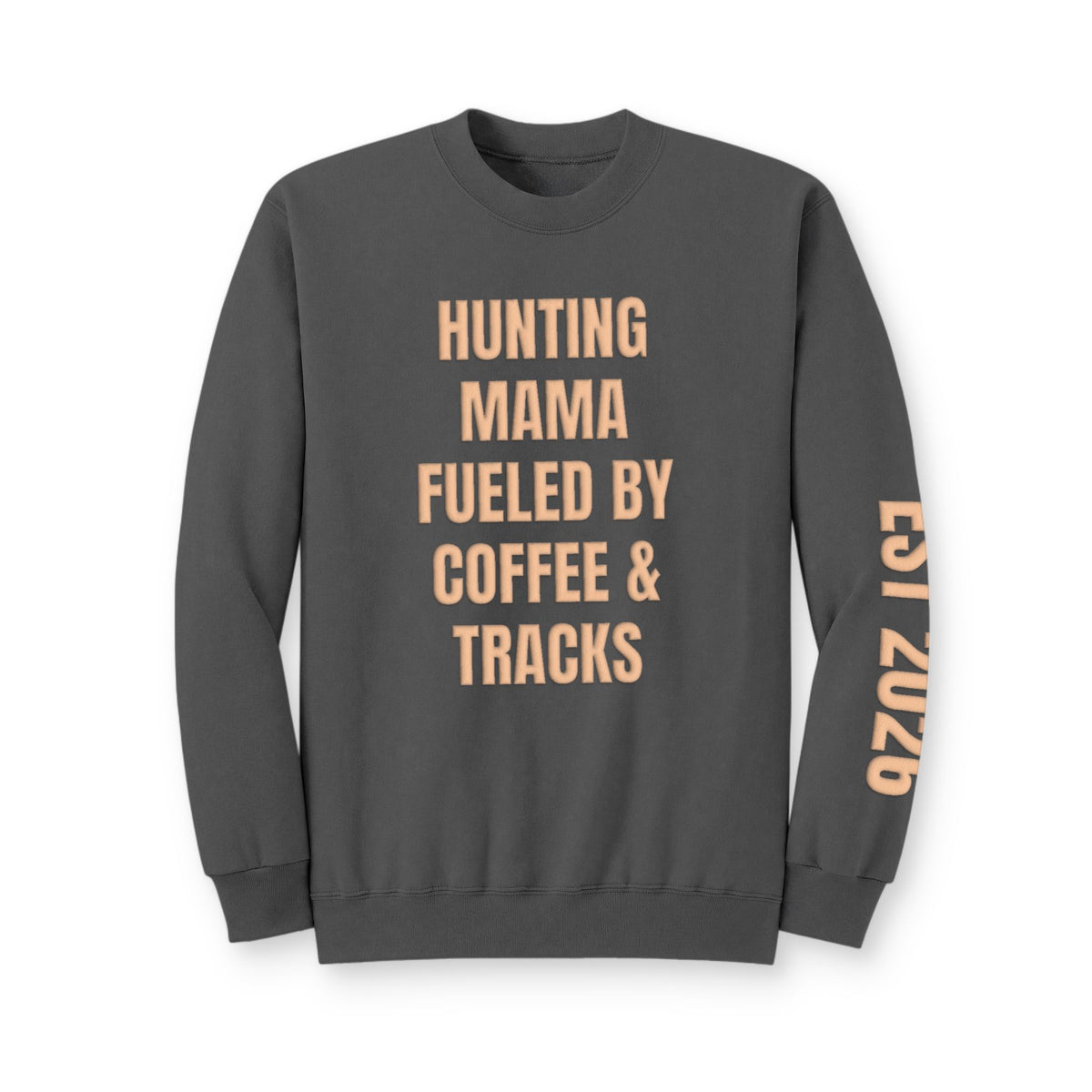 Personalized Hunting Mama Sweatshirt, Hunting Mama fueled by coffee and tracks, Hunter Orange Puff Sweatshirt, Custom Hunting Mom Gift