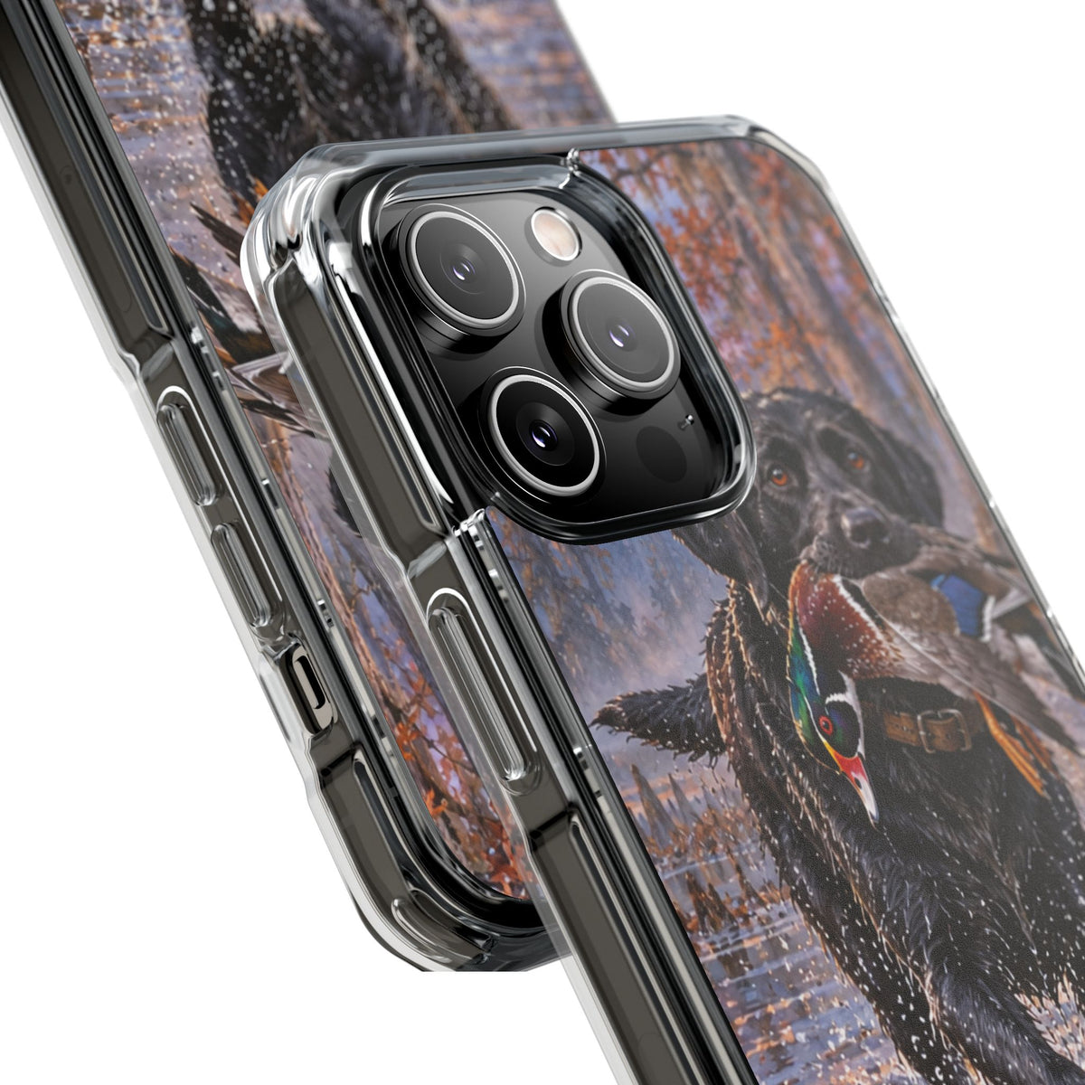 Clear Magnetic Phone Case — Black Lab with Duck swamp