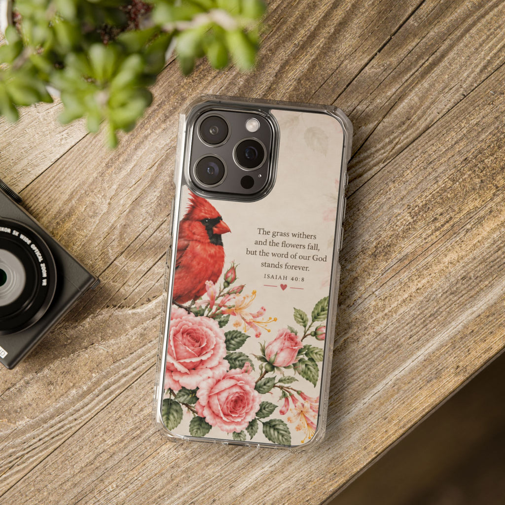 Clear Magnetic Phone Case — Cardinal Scene Isiah 40:8