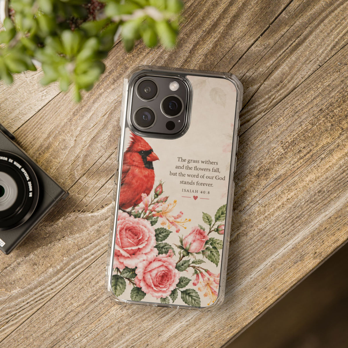 Clear Magnetic Phone Case — Cardinal Scene Isiah 40:8