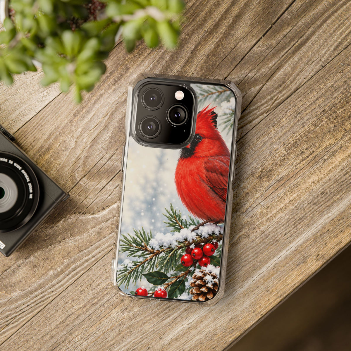 Clear Magnetic Phone Case — Winter Cardinal Scene