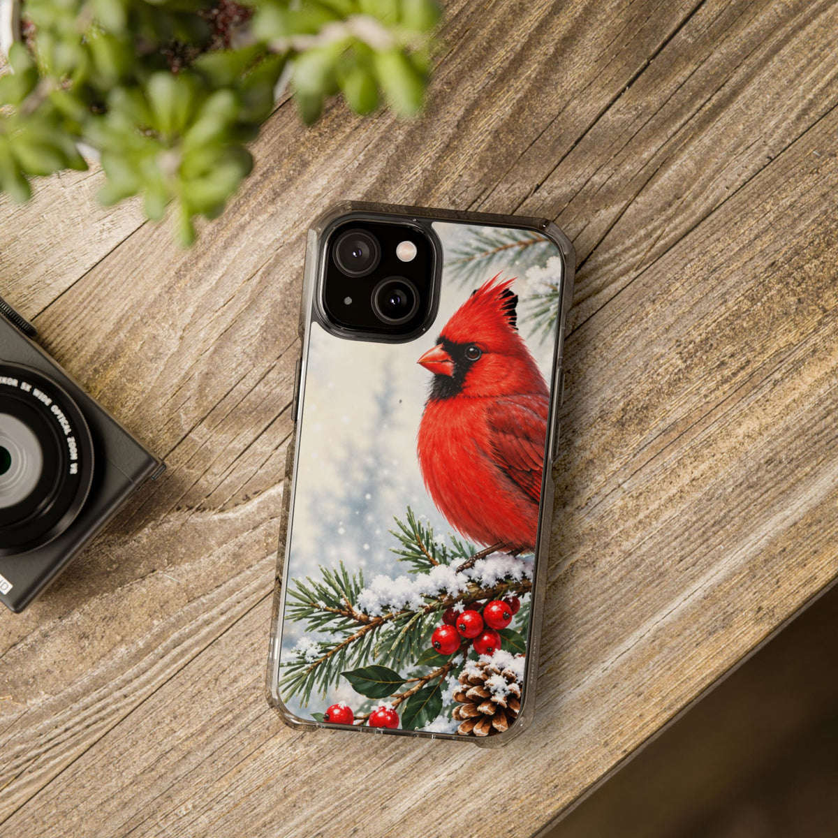 Clear Magnetic Phone Case — Winter Cardinal Scene