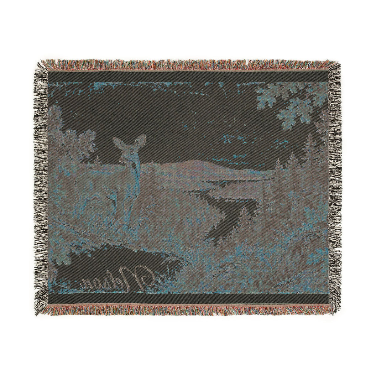 Deer Lake Woven Blanket — Scenic Woodland Throw with 'Welcome' Embroidery