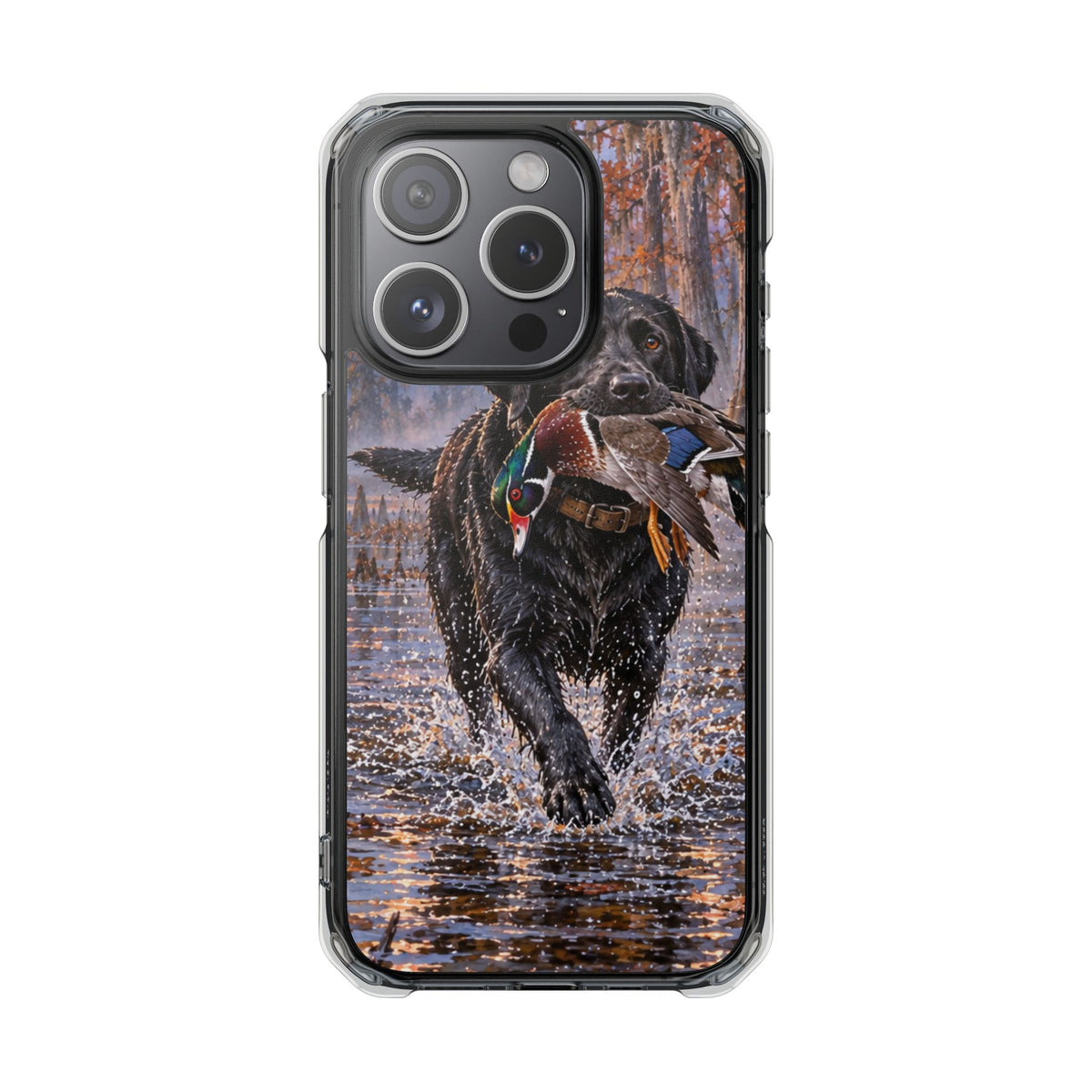 Clear Magnetic Phone Case — Black Lab with Duck swamp