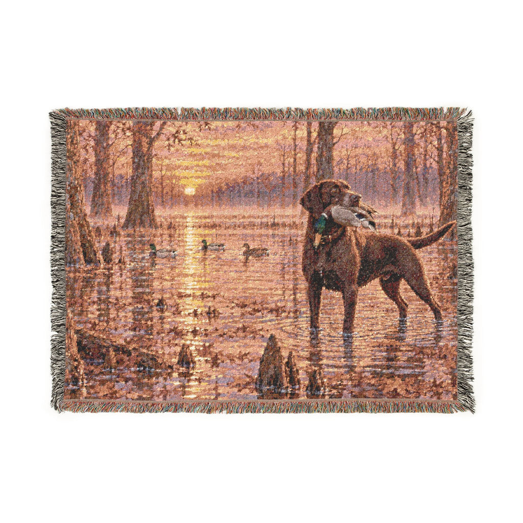 Sunset Wetlands Woven Blanket — Chocolate Lab with Duck Marsh Landscape Throw