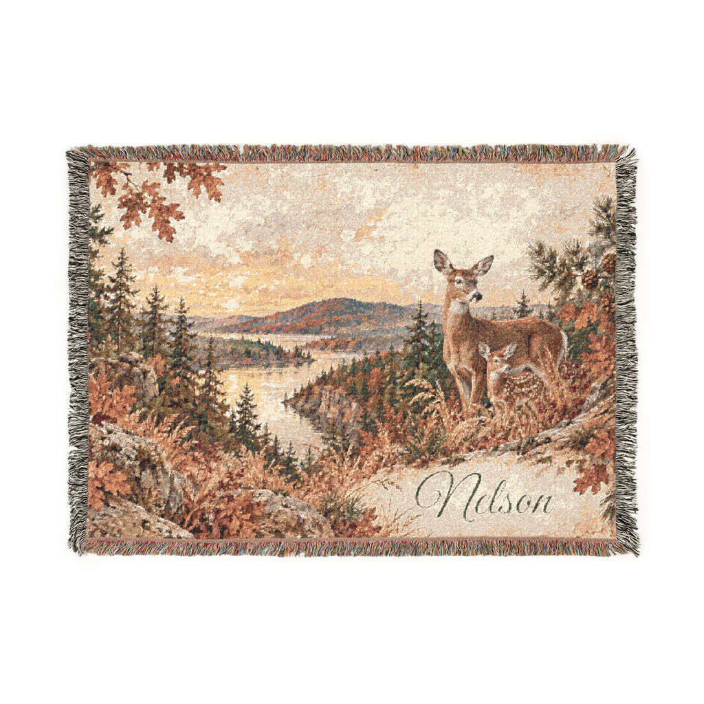 Deer Lake Woven Blanket — Scenic Woodland Throw with 'Welcome' Embroidery