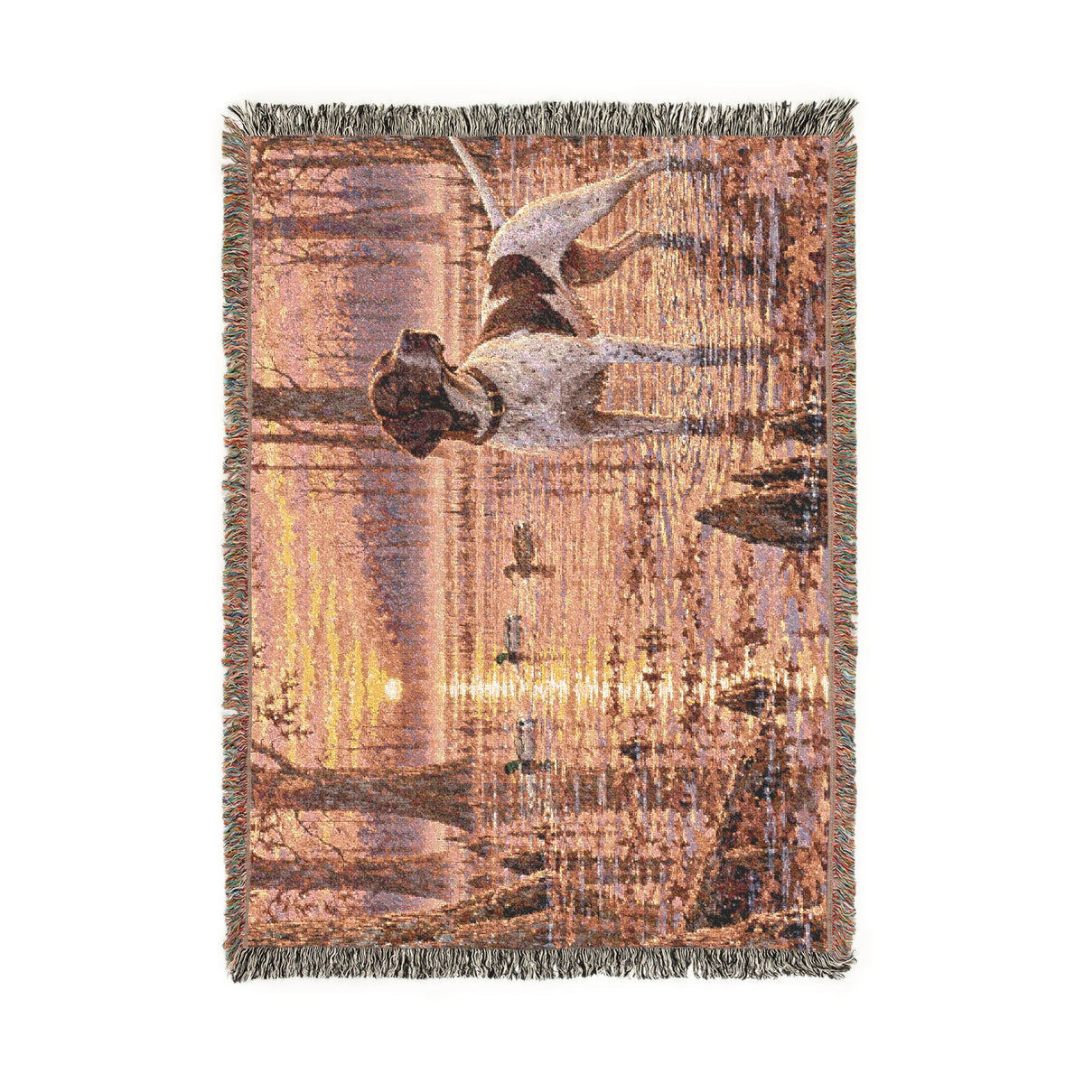 Mohican River Scenic Woven Blanket — Rustic Lake Bird Dog Pointer Landscape Throw