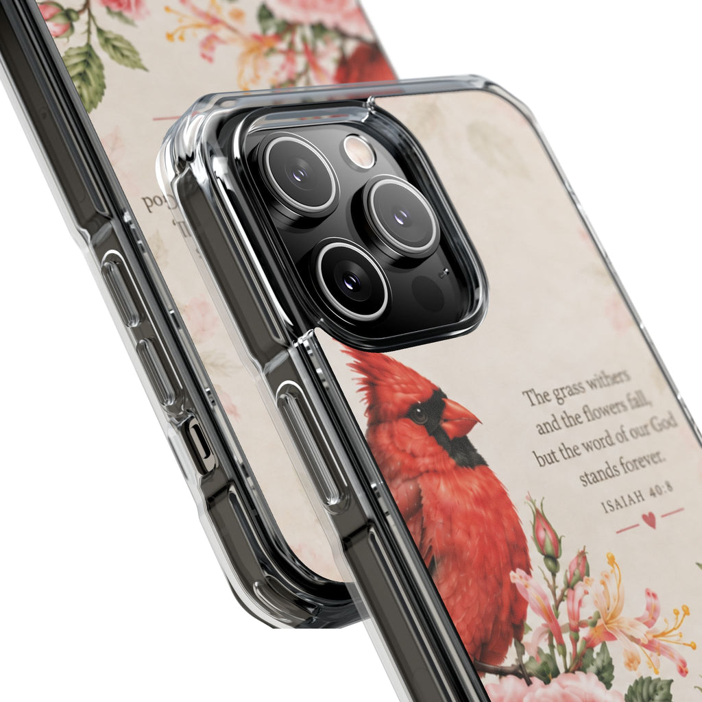 Clear Magnetic Phone Case — Cardinal Scene Isiah 40:8