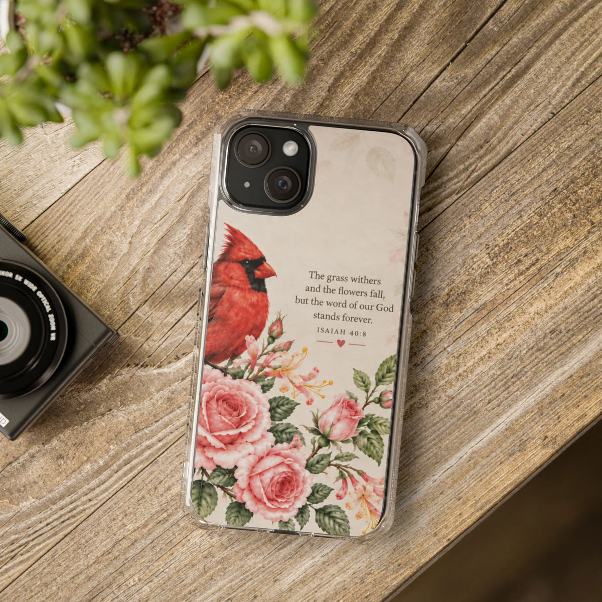 Clear Magnetic Phone Case — Cardinal Scene Isiah 40:8