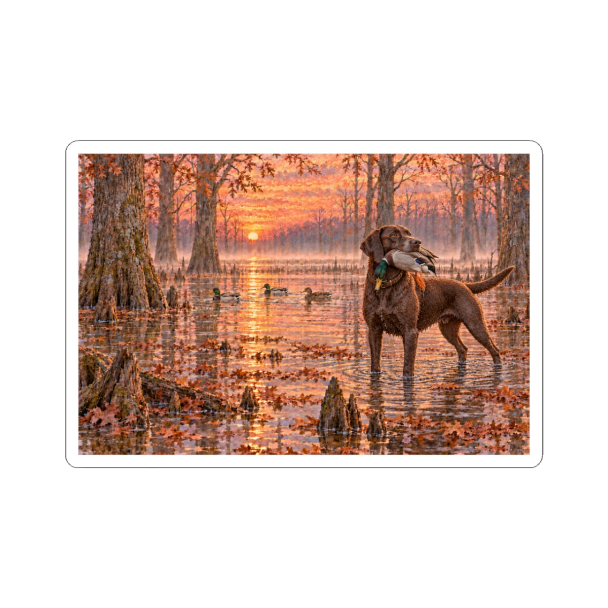 Duck Hunting Labrador Sticker — Autumn Marsh Sunset Kiss-Cut Sticker