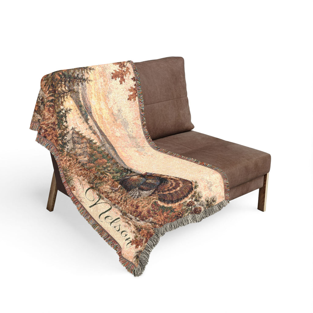 Thanksgiving Turkey Woven Blanket — Scenic Autumn Harvest Throw with Personalized Name Option