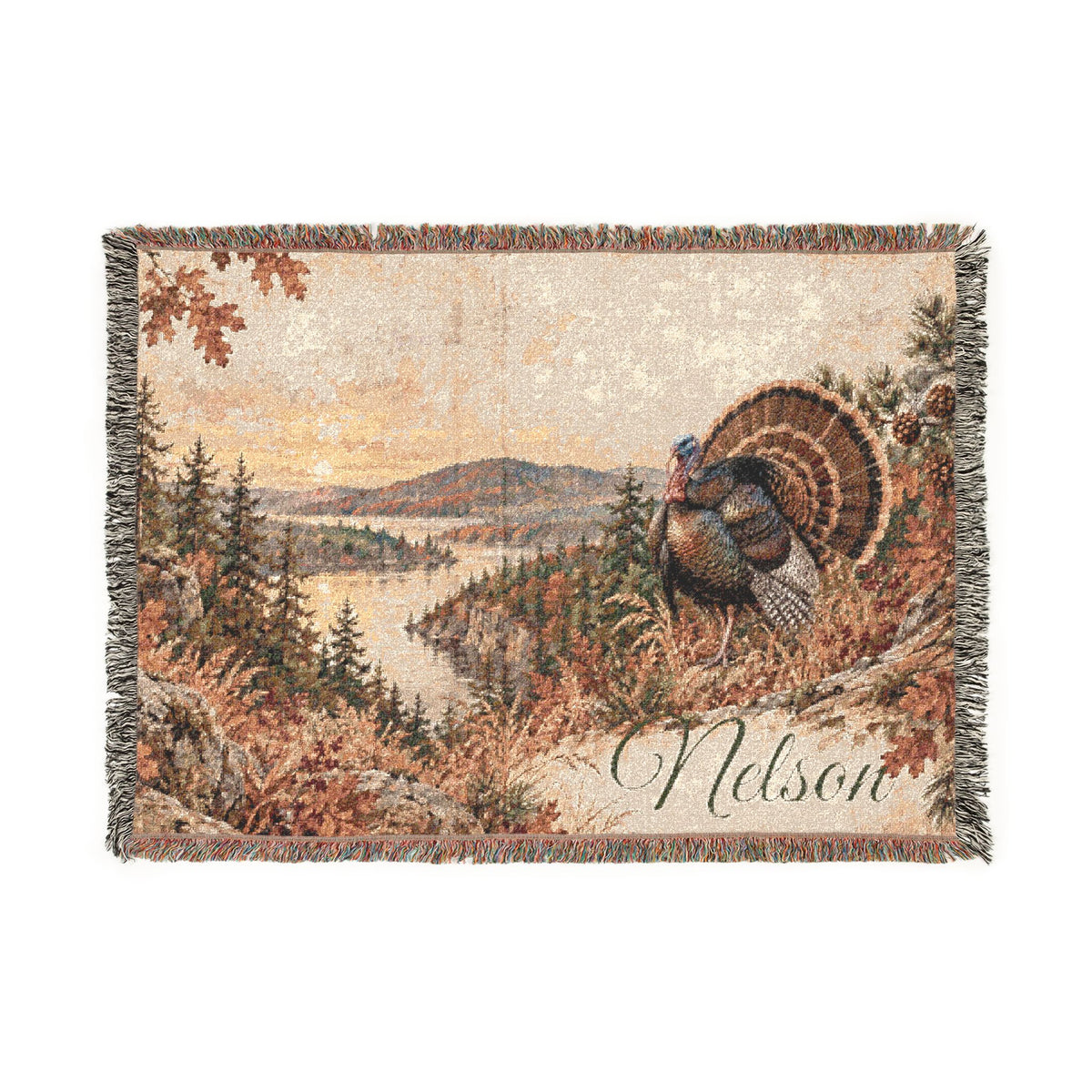 Thanksgiving Turkey Woven Blanket — Scenic Autumn Harvest Throw with Personalized Name Option