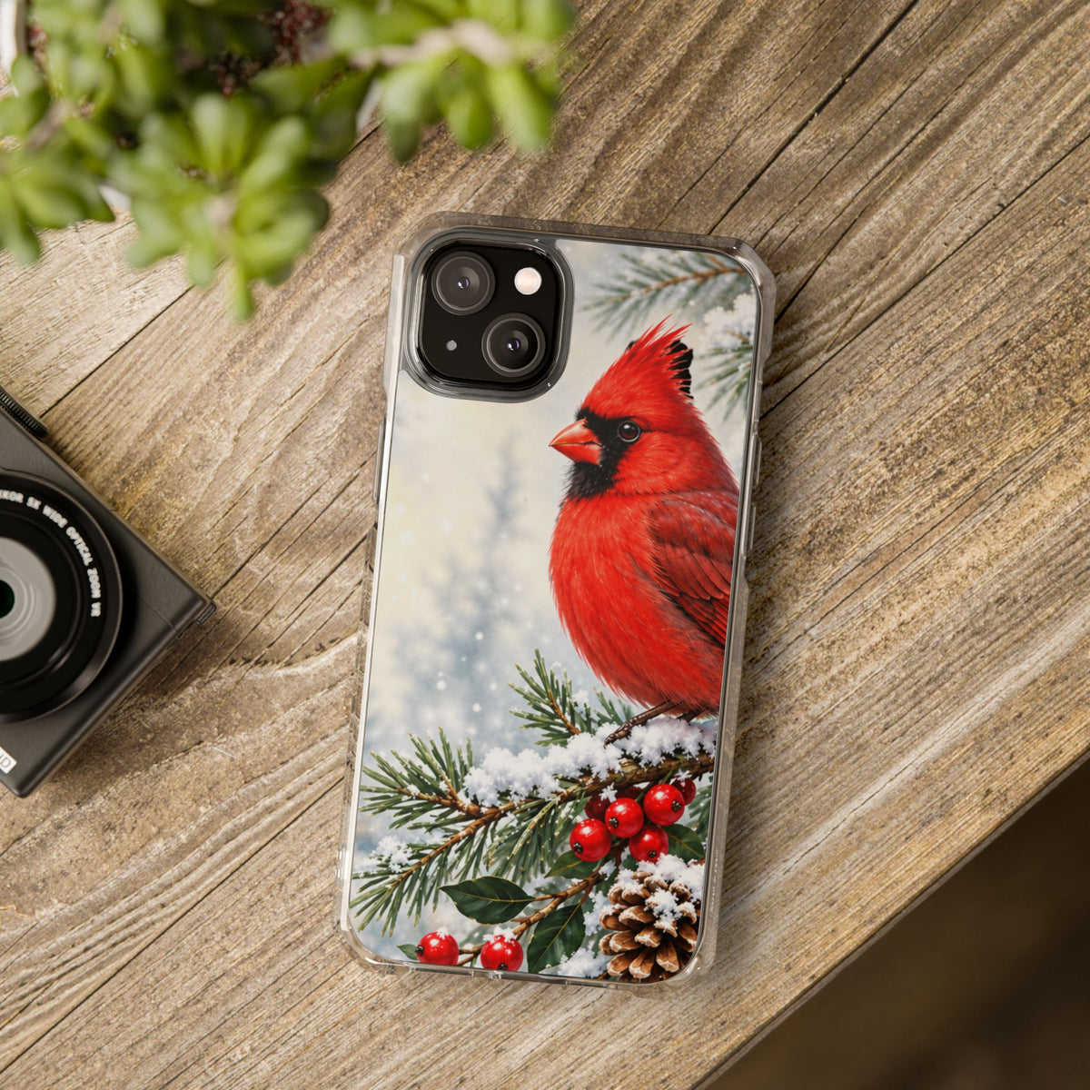 Clear Magnetic Phone Case — Winter Cardinal Scene