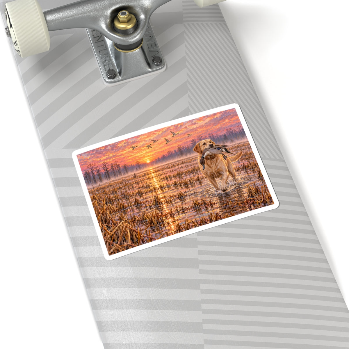 Retriever Duck Hunting Sticker — Golden Lab with Duck at Sunrise (Kiss-Cut)
