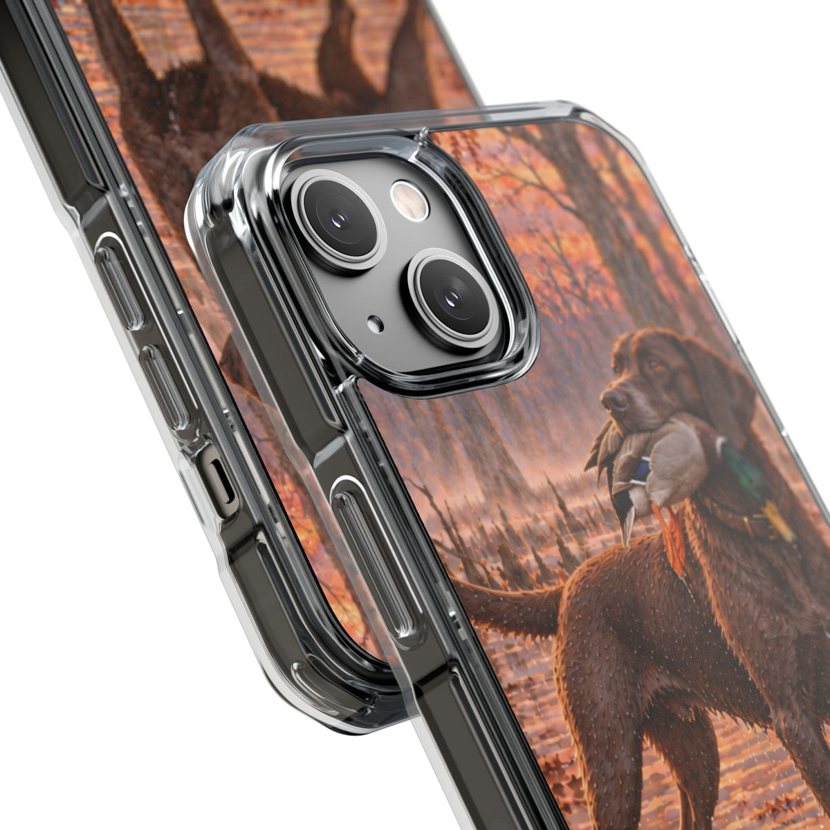 Clear Magnetic Phone Case — Chocolate Lab with Duck swamp